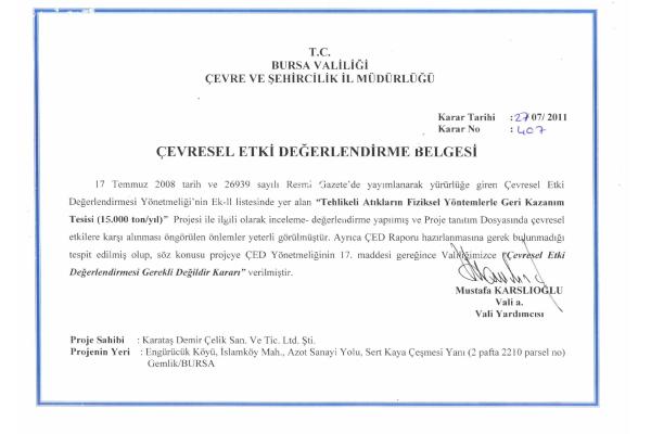 Çevresel Etki Değerlendirme Belgesi