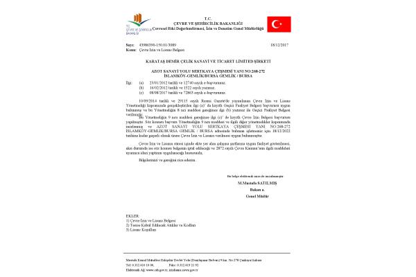 Çevre İzin ve Lisans Belgesi