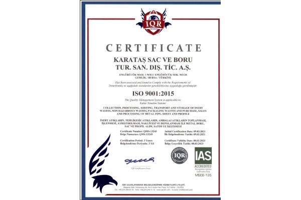 KARATAŞ SAÇ BORU ISO 9001:2015 KALİTE YÖNETİM SİSTEM BELGESİ