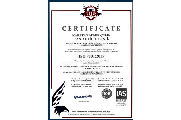  KARATAŞ DEMİR ÇELİK ISO 9001:2015 KALİTE YÖNETİM SİSTEM BELGESİ