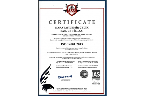 KARATAŞ DEMİR ÇELİK ISO 14001:2015 KALİTE YÖNETİM SİSTEM BELGESİ
