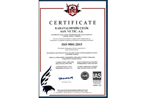 KARATAŞ DEMİR ÇELİK ISO 9001:2015 KALİTE YÖNETİM SİSTEM BELGESİ