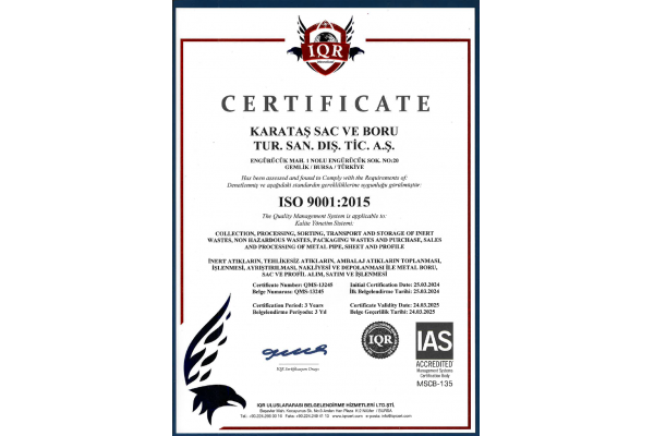 KARATAŞ SAÇ BORU ISO 9001:2015 KALİTE YÖNETİM SİSTEM BELGESİ