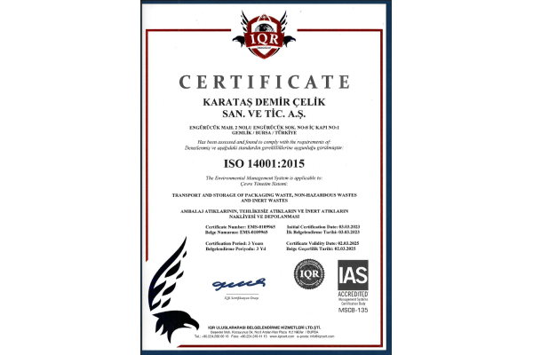 KARATAŞ DEMİR ÇELİK ISO 14001:2015 ENVIRONMENTAL MANAGEMENT SYSTEM CERTIFICATE