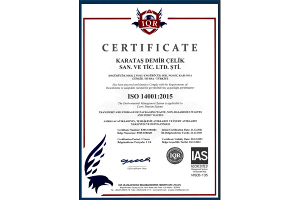 KARATAŞ DEMİR ÇELİK ISO 14001:2015 ÇEVRE YÖNETİM SİSTEM BELGESİ